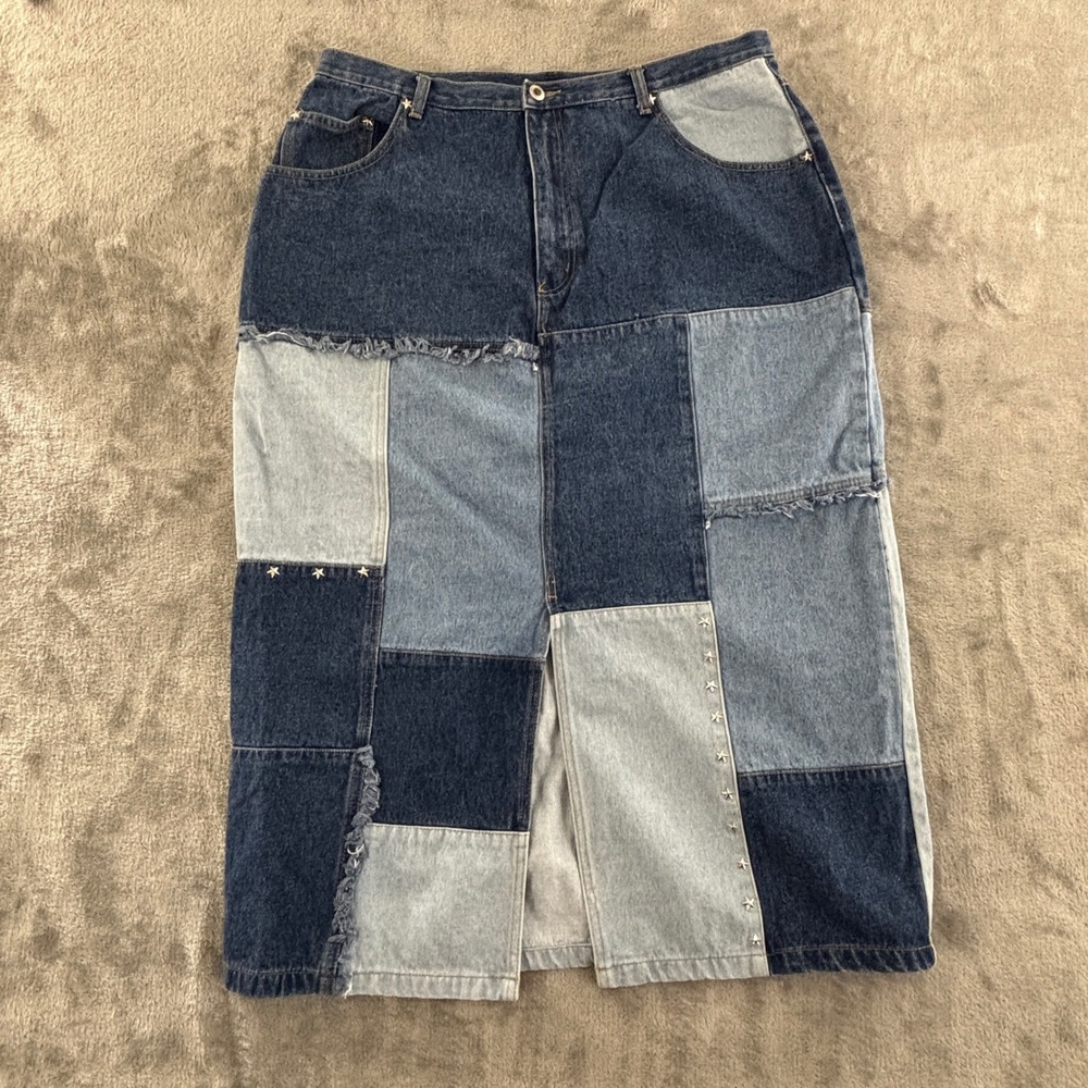 Vintage Patchwork‎ Denim Maxi Skirt Womens 20W Star Stud Blue Front Slit Frayed